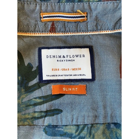 Demin and Flower Button Shirt Size Small Ricky Singh Slim Fit Cotton Blue EUC - Picture 3 of 10